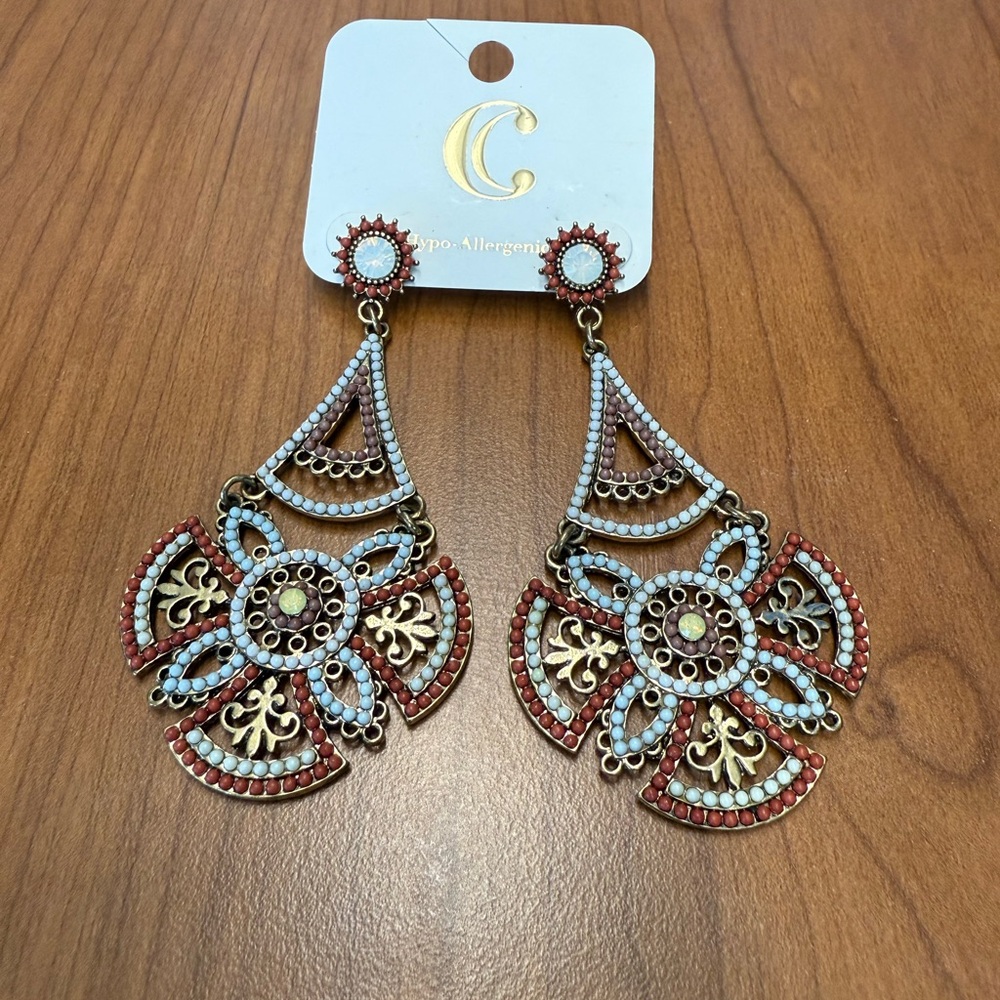 Charming Charlie Gold and Red Filigree Earrings